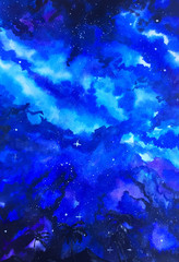 Fototapeta na wymiar blue galaxy landscape watercolor illustration