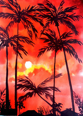 red sunset palms watercolor illustration