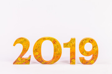.2019 is made in gold color place in white background is mean the .golden year for lucky all year