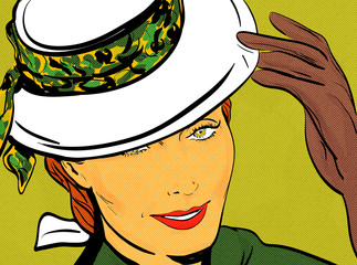 pop art femme vintage qui porte un chapeau et des gants qui fait signe de salutation,bonjour avec sa main - 220135234