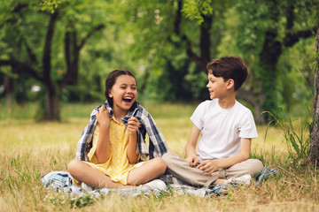 Cheerful boy and girl at outdoor picnic on park. Smiling delighted littl children sitting on ground on picnic rug in summer time outside in forest.