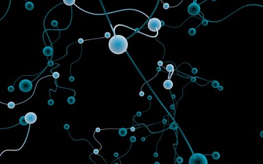Neural network. Social network. Futuristic dna, deoxyribonucleic acid. Abstract molecule, cell illustration, mycelium. Dark background. 3D illustration