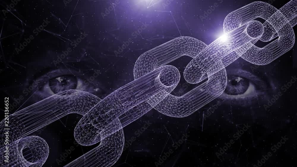 Poster close up of human eyes on digital computer blockchain chain background.