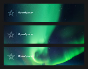 Set of horizontal banners with beautiful starry sky and Northern lights. Vector illustration with aurora borealis. Abstract colorful headers for website