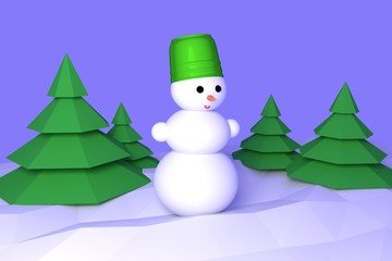 Happy New Year greeting card for the snowman in the forest, Render illustration