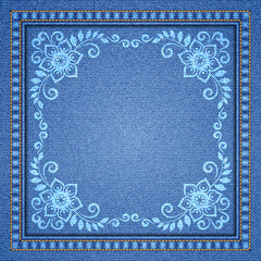 Denim background with decorative seams and floral ornament. Vector Illustration
