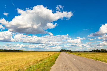 asphalt road through the green field and clouds on blue sky in summer day