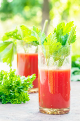 Two glasses of tomato juice homemade from garden organic vegetables