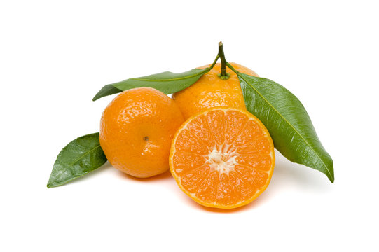 Tangerines or mandarines isolated on white background, orange whole exotic tropical fruits with green leaves and another citrus cut in half, healthy food, diet nutrition 