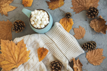 Blue mug with coffee, hot chocolate or cocoa with marshmallow on gray concrete background and lying dry leaves, cones, sweater. Concept of warm cozy autumn or winter.