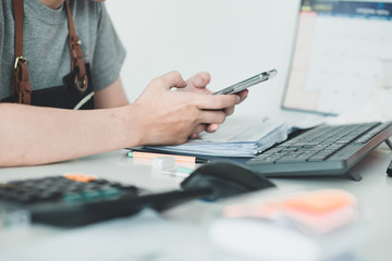 Business woman working with computer.Working at home.Successful owner business woman.Office workplace environment.Woman hands at work.