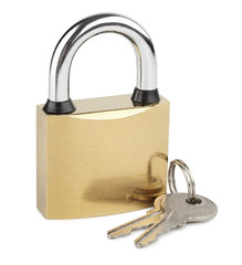 closed padlock with keys isolated on white, property protection