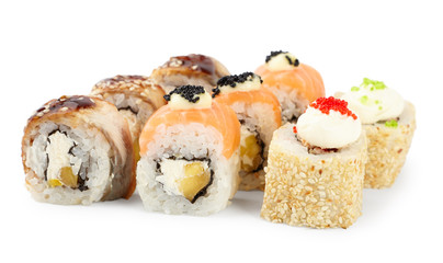 set of several kinds of sushi roll isolated on white close-up