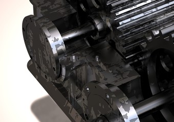 Silver and black gearbox on a white