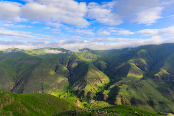 Panoramic view of the highland in the valley of the river Kura from the height of the hill
