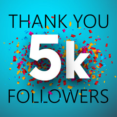Thank you, 5k followers. Card with colorful confetti.