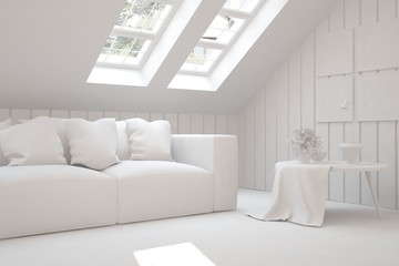 White room with sofa. Scandinavian interior design. 3D illustration