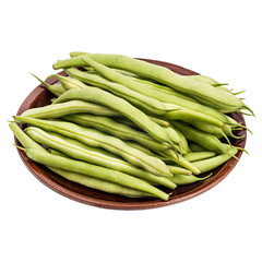 Fresh green beans in a clay plate on a table, white isolated background