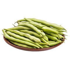 Fresh green beans in a clay plate on a table, white isolated background