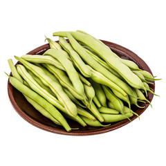 Fresh green beans in a clay plate on a table, white isolated background