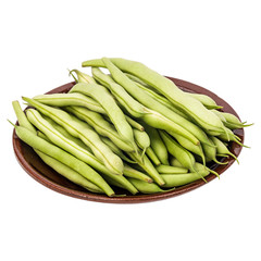 Fresh green beans in a clay plate on a table, white isolated background