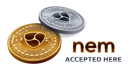 NEM. Accepted sign emblem. Crypto currency. Golden and silver coins with NEM symbol isolated on white background. 3D isometric Physical coins with text Accepted Here. Stock vector illustration.