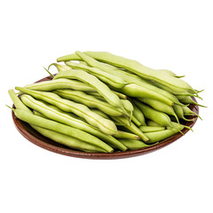 Fresh green beans in a clay plate on a table, white isolated background