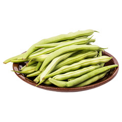 Fresh green beans in a clay plate on a table, white isolated background