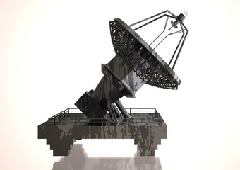 Silver and black satellite dish on a white