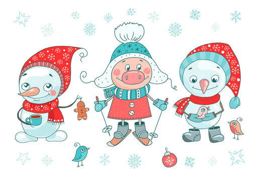 Cute set of pig, snowmen, birds and snowflakes