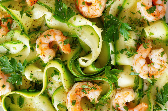 fried prawns on parboiled zuchhini strips with garlic oil, lemon juice, and parsley 