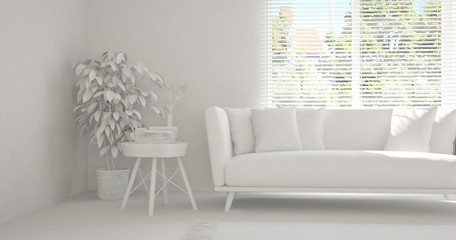 White room with sofa and green landscape in window. Scandinavian interior design. 3D illustration