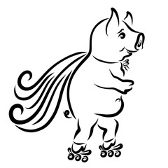 Pig superhero, rushing to help on roller skates