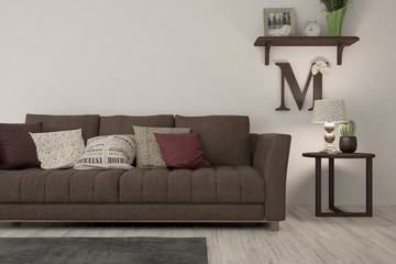 Idea of white minimalist room with sofa. Scandinavian interior design. 3D illustration