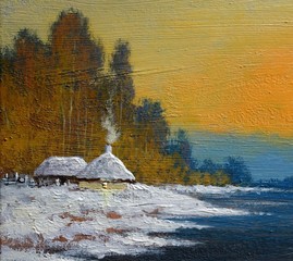 Oil paintings rural landscape. Winter, old village. Fine art.