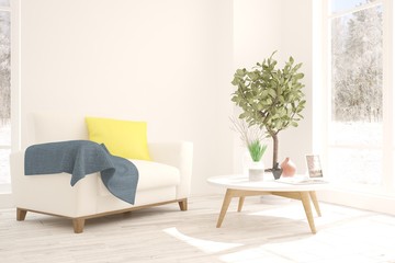 White room with armchair and winter landscape in window. Scandinavian interior design. 3D illustration