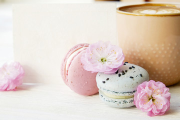 Fototapeta na wymiar Blueberry and strawberry flavored french macaron desert cakes, brown coffee cup with cappuccino beverage and latte art in heart shape, spring flowering. Isolated white background, close up, copy space