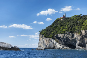 Fototapeta na wymiar lighthouse on Tino island, located on La Spezia Gulf near Portovenere and Cinque Terre, Italy
