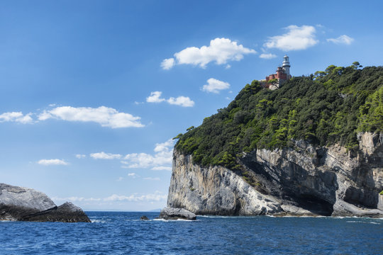 lighthouse on Tino island, located on La Spezia Gulf near Portovenere and Cinque Terre, Italy