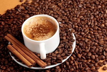 Fototapeta premium Cappuccino or latte surrounded by coffee beans and cinnamon sticks