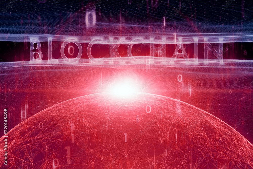 Poster futuristic blue red colored blockchain word on artistic computer cyberspace network. illustration ba