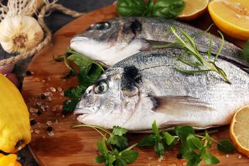 Delicious fresh fish. Fish with aromatic herbs, spices and vegetables - healthy food, diet or cooking concept.