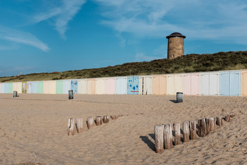 Colourful beach cabins and water tower on the beach of Domburg, Tuesday 1 August 2017, Domburg, the Netherlands