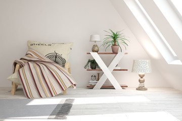 Inspiration of white minimalist room with armchair. Scandinavian interior design. 3D illustration
