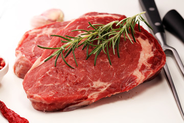 Fototapeta premium Steak raw. Barbecue Rib Eye Steak, dry Aged Wagyu Entrecote Steak.