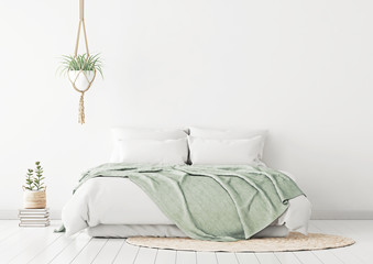 Home bedroom interior mockup with bed, green plaid, pillows, rug and plants on empty white wall background. 3D rendering. - obrazy, fototapety, plakaty