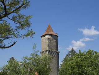 round stone tower of medieval castle Zvikov Klingenberg spring