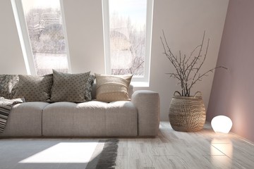 White room with sofa and winter landscape in window. Scandinavian interior design. 3D illustration
