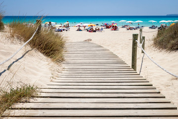 Beach on southern sandy coastline of Formentera island, nearby Ibiza, Spain