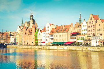 Fototapeta na wymiar Old town waterfront in Gdansk , Poland, retro toned